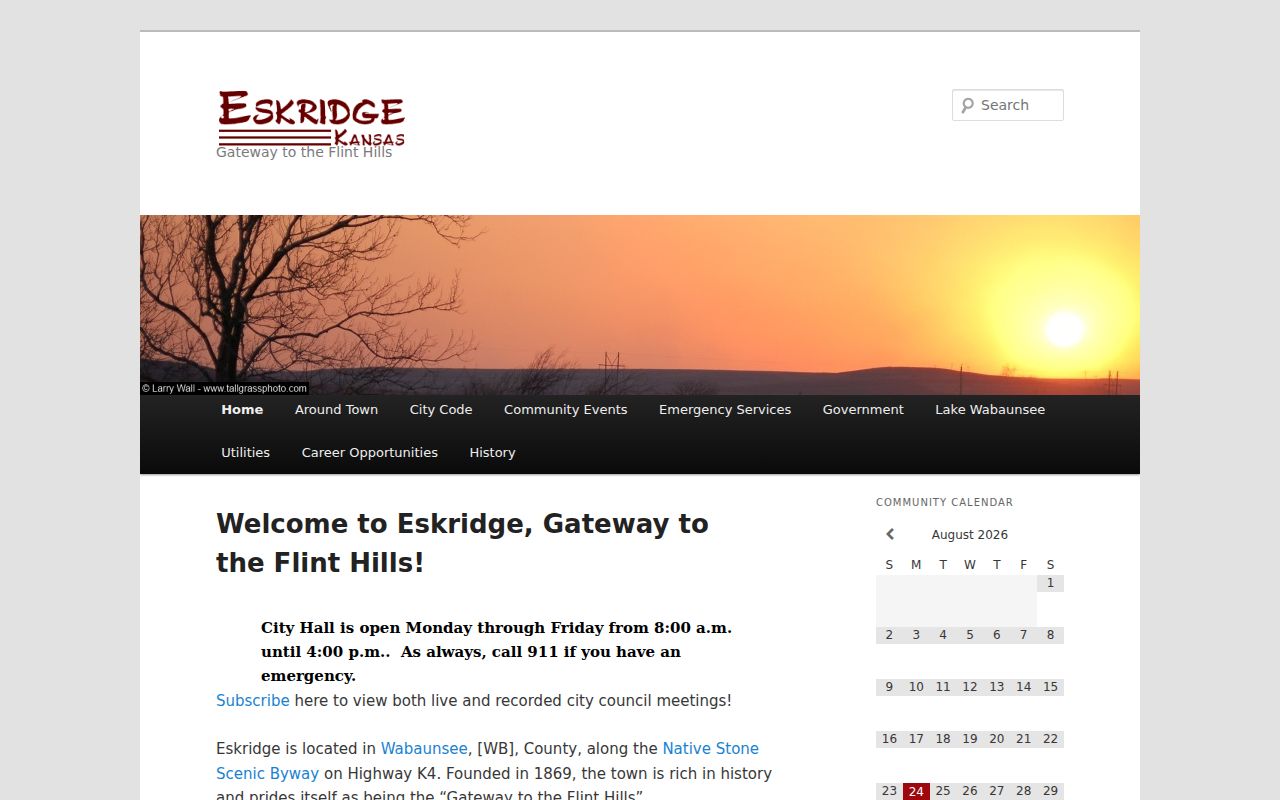 Official Eskridge home page with city history and Flint Hills context