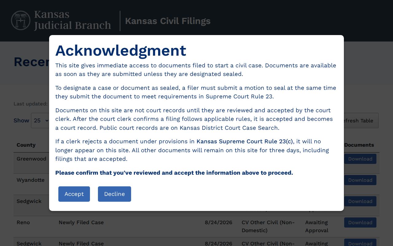 Kansas New Civil Filings service for Wabaunsee County civil docket intake