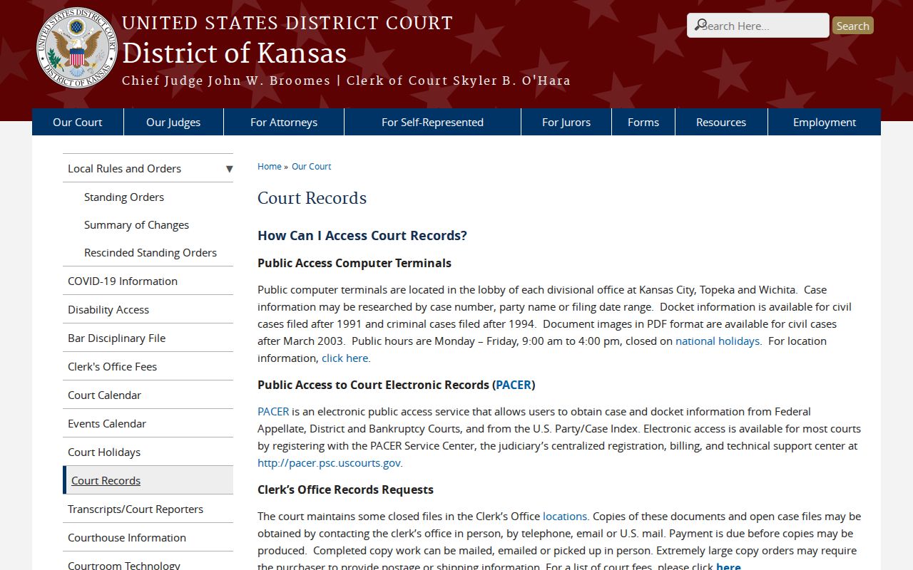 Wabaunsee County court records guidance for District of Kansas public terminals