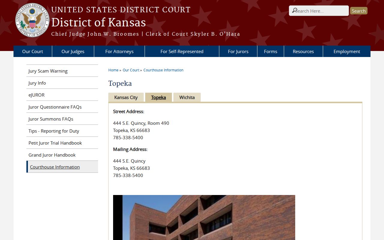Wabaunsee County court records route through the District of Kansas Topeka office