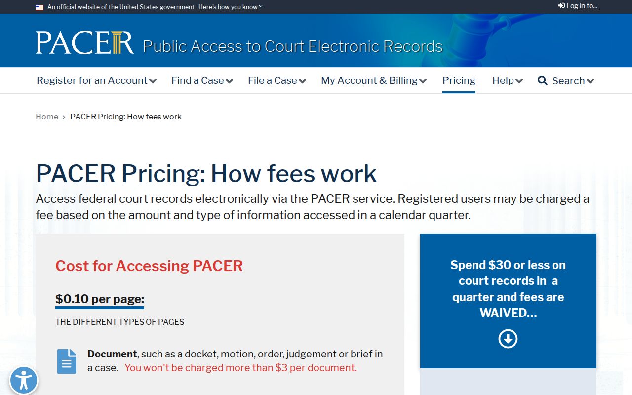 Wabaunsee County court records research using official PACER pricing information